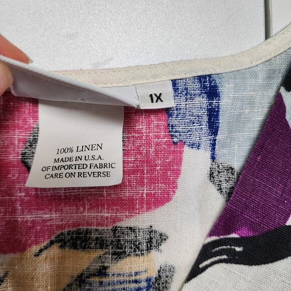 Hot Cotton Womens Linen Tunic Top Plus Size 1X Bright Watercolor Orchid Print - Picture 8 of 11